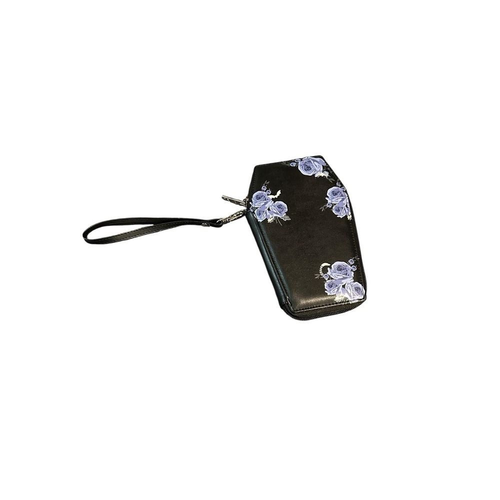 NEW wallet coffin shaped‎ floral pattern zips close wrist strap